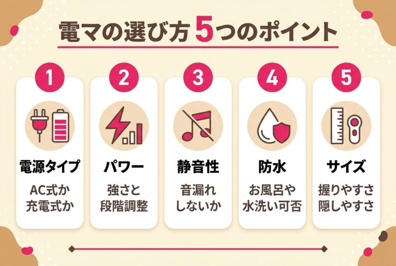 電マの選び方5つのポイントをカード型で解説する図解