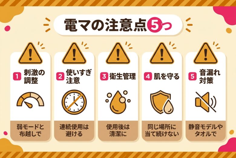 電マを使うときの注意点を警告型で解説する図解