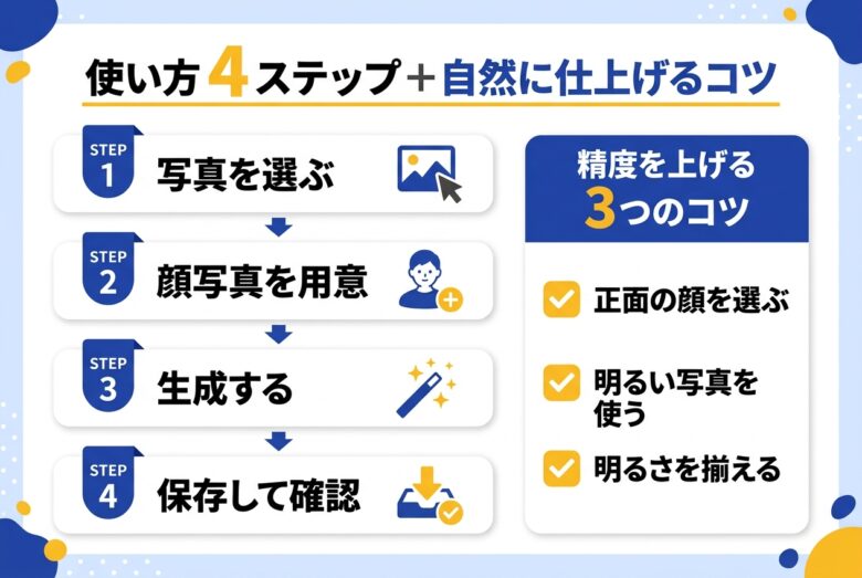 AI顔入れ替えアプリの使い方4ステップを解説するフロー図