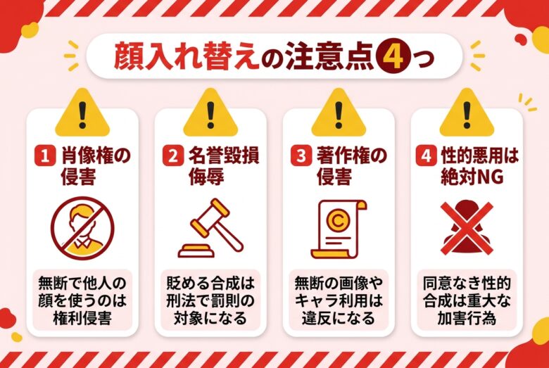 AI顔入れ替えで侵害しうる権利と法律を警告型で図解