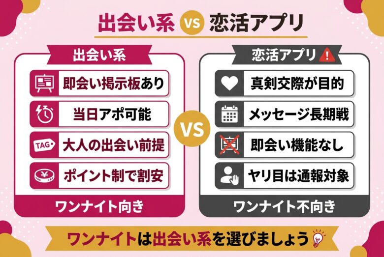 出会い系アプリと恋活マッチングアプリのワンナイト適性の比較図解