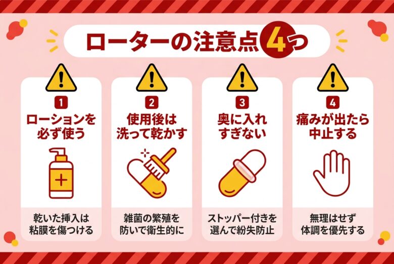 ローターを安全に使うための4つの注意点チェックリストの図解