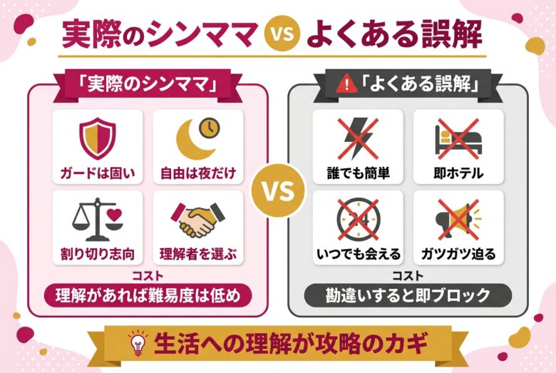 シングルマザーはセフレにできるかの誤解と実態を対比した図解