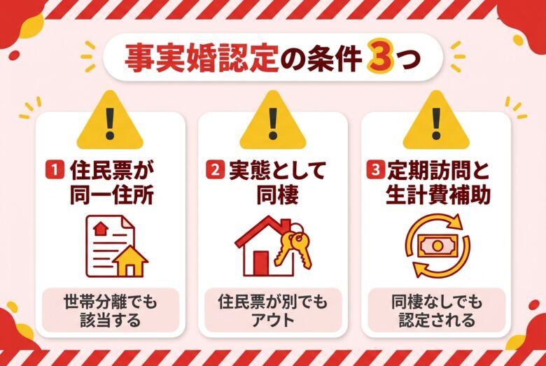 児童扶養手当が止まる事実婚認定3条件の警告図解