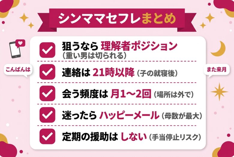 シングルマザーのセフレの作り方の要点まとめチェックリスト図解