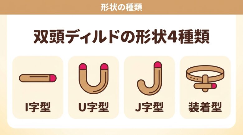 双頭ディルドの形状4種類(I字・U字・J字・装着型)の比較図