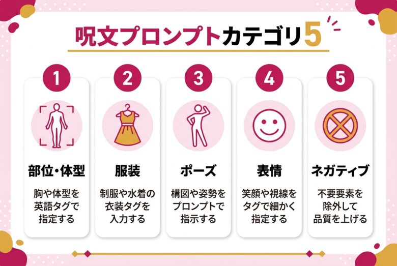 アダルト画像生成に使える呪文プロンプトの5カテゴリ