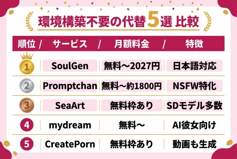 環境構築不要のアダルトAI画像生成 代替サービス5選