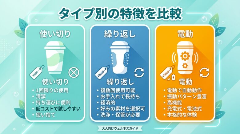TENGAのタイプ別分類(使い切り・繰り返し・電動)の比較図解