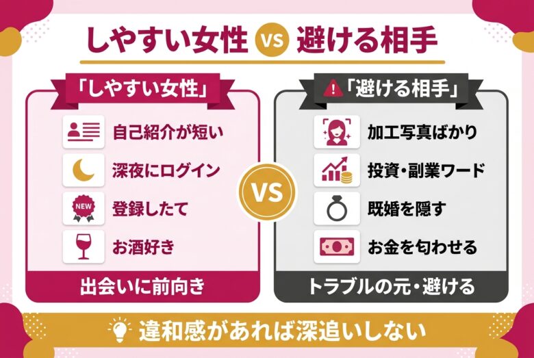ティンダーでセフレにしやすい女性と避けるべき相手の対比図