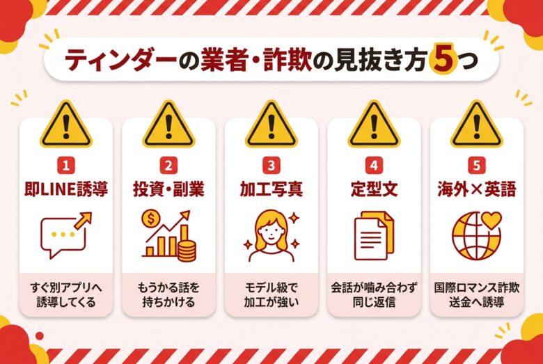ティンダーの業者と国際ロマンス詐欺の見抜き方の警告図解