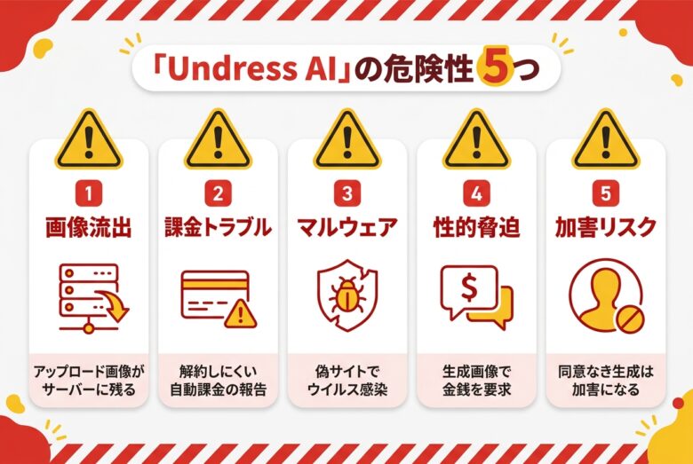 Undress AIの5つの危険性を示す警告図