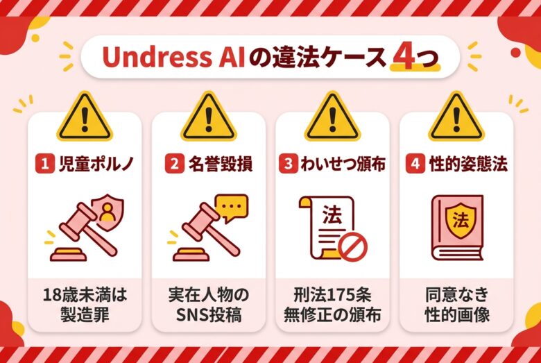 Undress AI利用が違法になる4つの法律の対比図