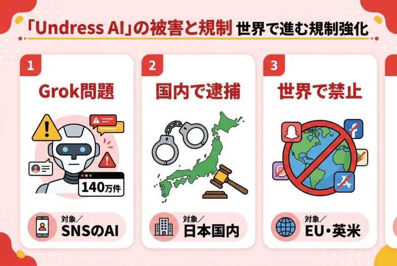 Undress AIをめぐる国内外の被害事例と規制動向の図