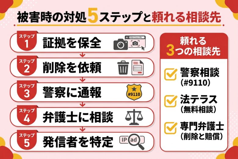 Undress AI被害時の5ステップ対処法フロー図
