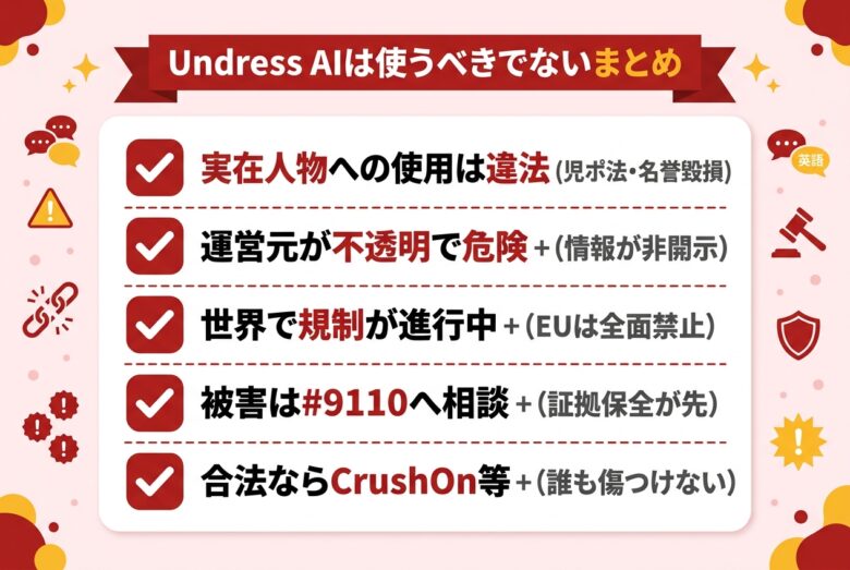 Undress AIは利用すべきでないという警告まとめ図