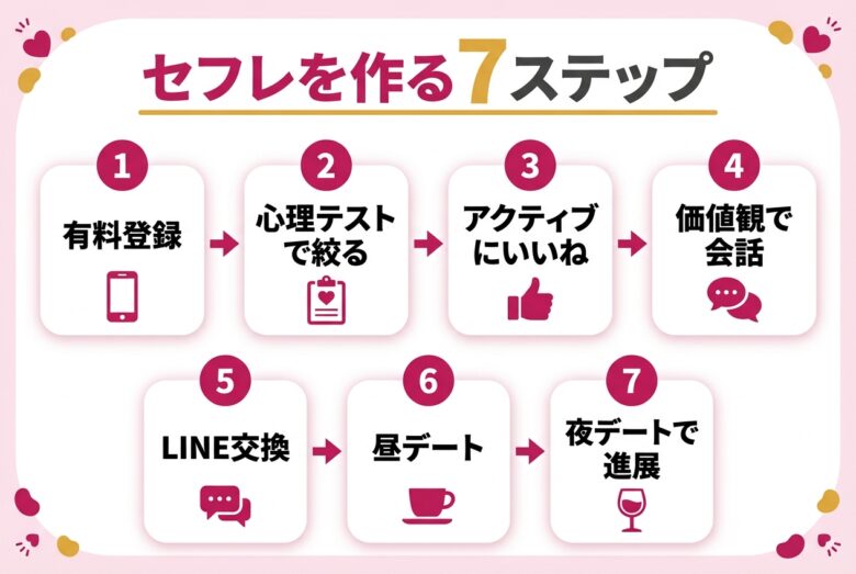 withでセフレを作る7ステップを示したフロー図