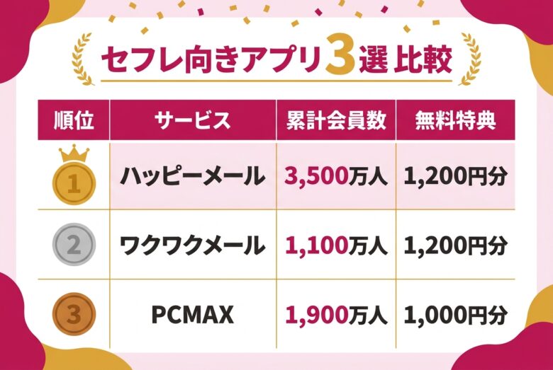 withの代わりに選ぶセフレ向きアプリ3選の比較図