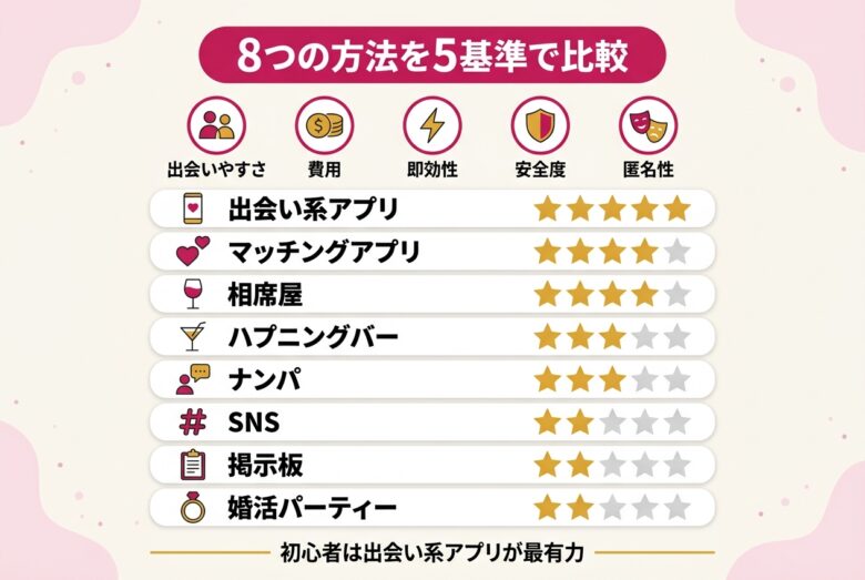 セフレ探し8つの方法を5基準で比較した一覧