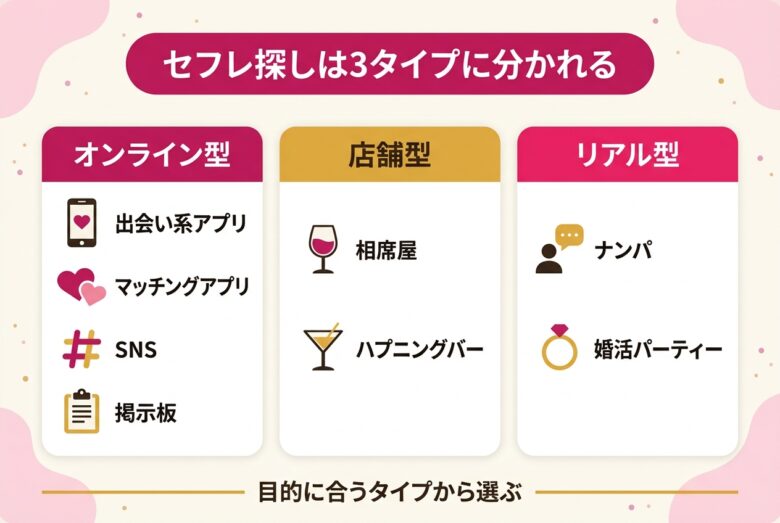 セフレ探しの手段はオンライン・店舗・リアルの3タイプ
