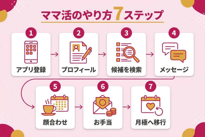 ママ活のやり方7ステップのフロー図解
