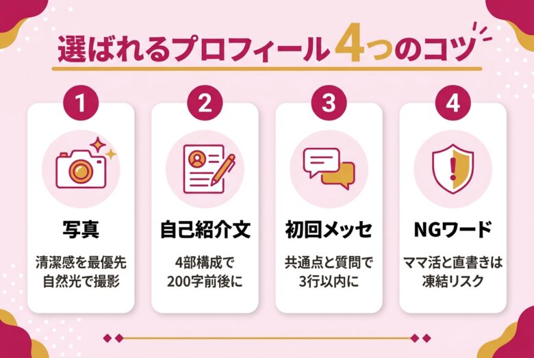 ママ活で選ばれるプロフィールとメッセージの4つのコツ図解