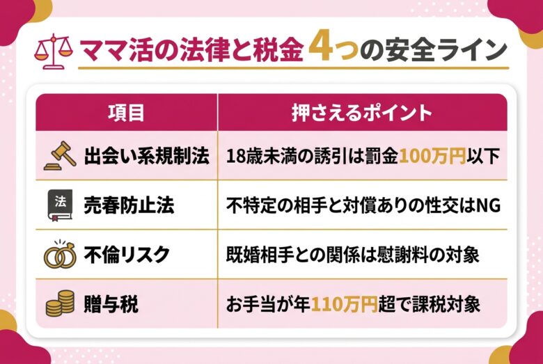 ママ活の法律と税金の安全ライン比較表