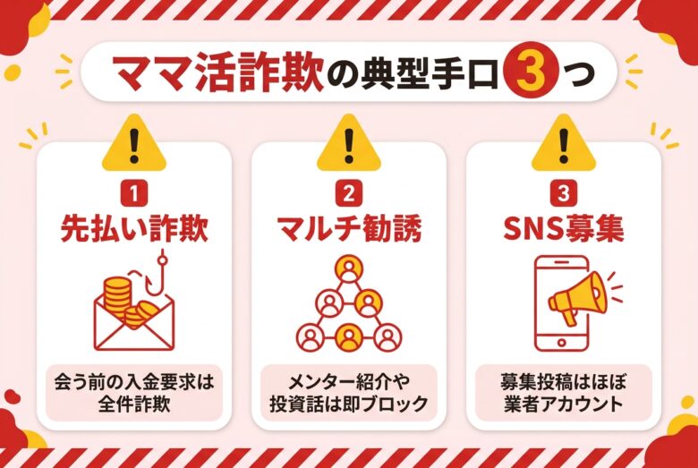 ママ活詐欺の典型手口3つの警告図解