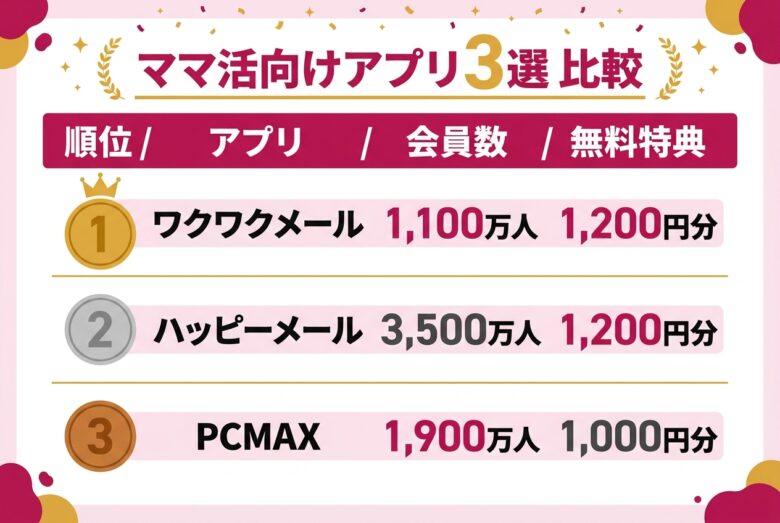 ママ活向け出会い系アプリ3選の比較表