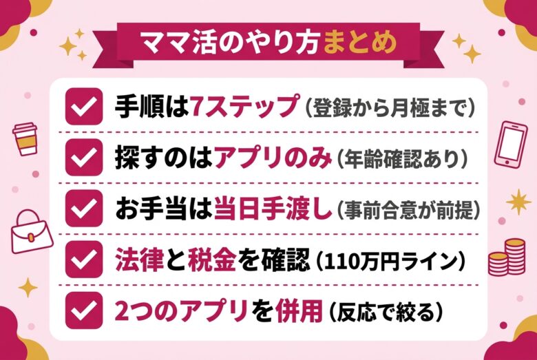 ママ活のやり方まとめチェックリスト図解