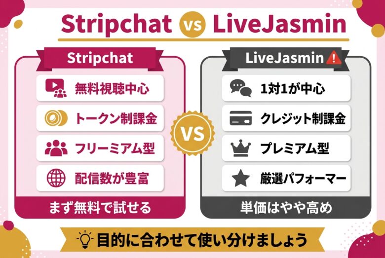 StripchatとLiveJasminの違いを比較する図解
