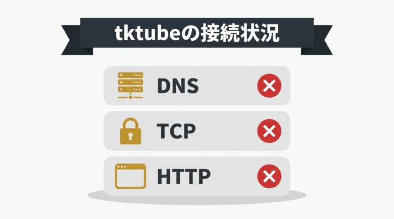 tktube主要ドメインのDNS・TCP・HTTP別の接続状況を示す図解
