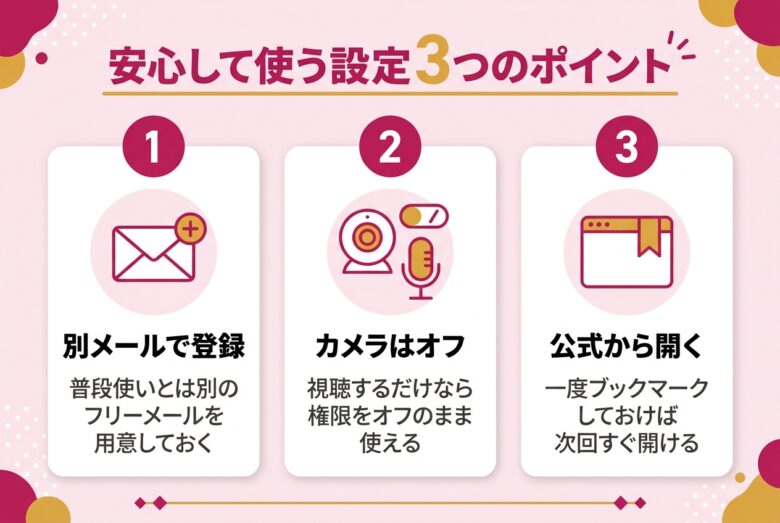 Stripchatを安心して使うためのプライバシー設定3つを解説する図解
