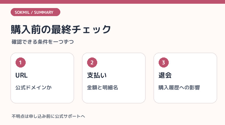 まとめ:購入前に支払いと退会条件を確認する